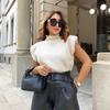 Pevný stojatý golier Pletená vesta s krátkym rukávom Office Lady All Match Fashion Vesta Košeľa Voľné Elegantné rovné topy