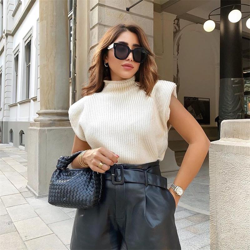 Pevný stojatý golier Pletená vesta s krátkym rukávom Office Lady All Match Fashion Vesta Košeľa Voľné Elegantné rovné topy