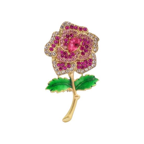jijijing Brooch Pin, Three-Dimensional Rose Shape Lapel Pin with Enamel Green Leaves, Multi-Layered Rhinestone Inlay Decorative Badge for Suits Coats золотистый