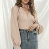 Ladies Elegant Blouse Lantern Long Sleeve Tops V Neck Crop Top Fashion Shirts Women Button Down Blouses