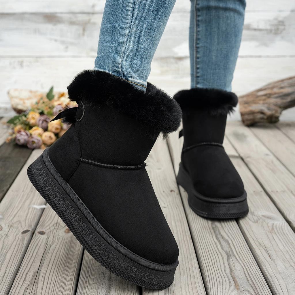 Fashion 2025 New Women Boots Flat Wear-resistant Soft Students Plus Velvet Warm Women Shoes Fashion Bow Round Toe Elegant Snow Boots