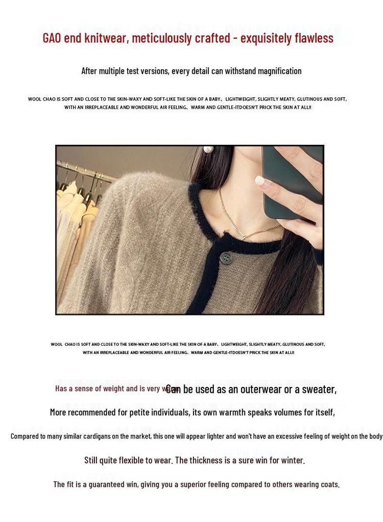 Women's 23-Color Block Round Neck Pure Wool Cardigan - Long Sleeve Knit Sweater