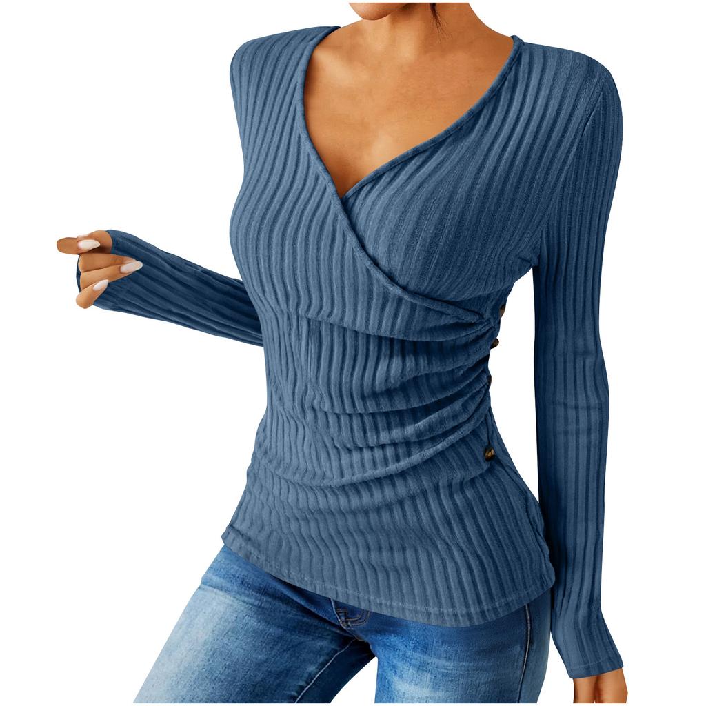 Women's Fashion Casual Long-Sleeve V-Neck -Color Pullover Knit Top