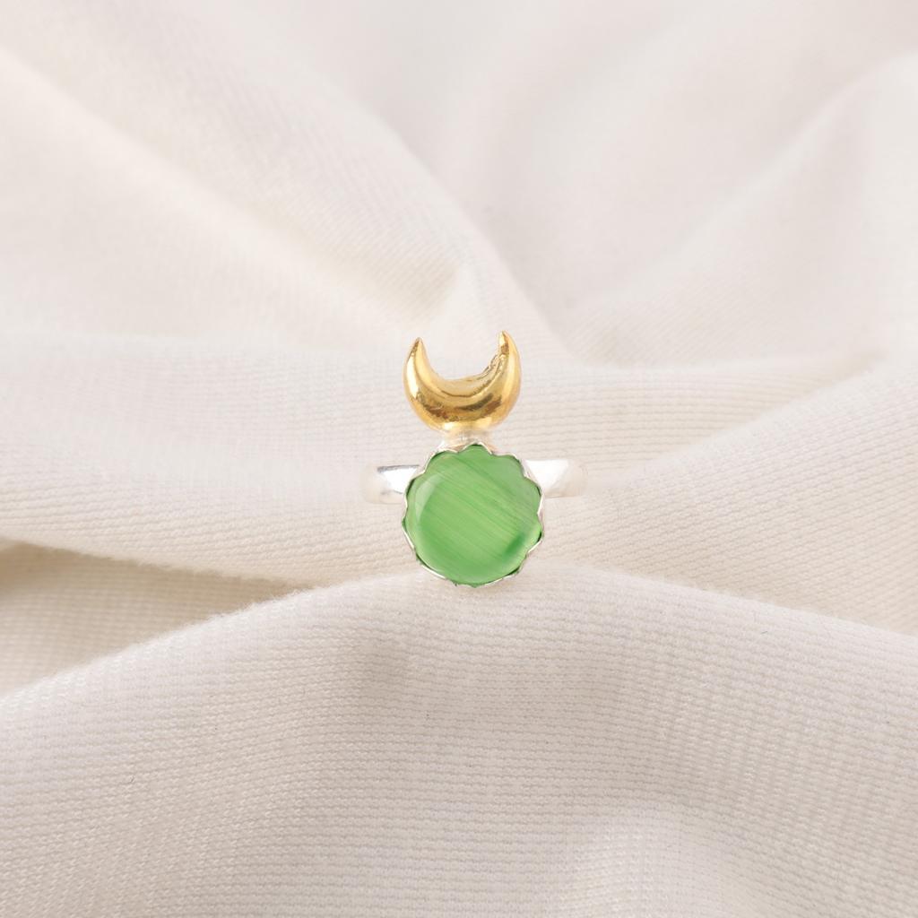 Round Natural Green Cat's Eye Sterling Silver Wedding Gift Statement Unique Ring RR-58-43