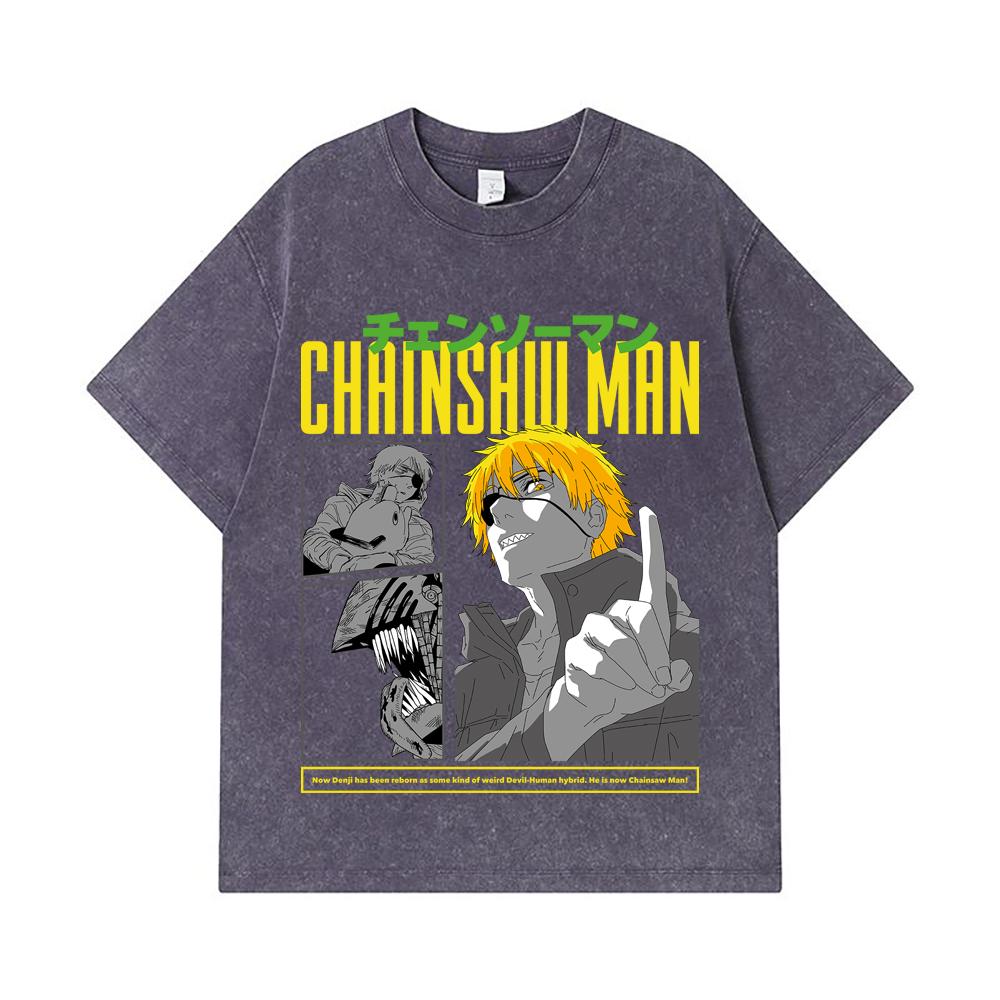 275 GSM Washed T-shirts 100% Cotton Chainsaw Man V45 Denji Print Unisex Heavy Cotton T Shirt