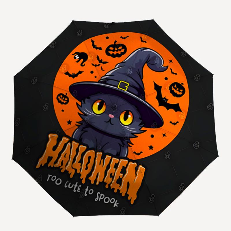 1pc Cute Happy Halloween Cat Witch Hat Automatic 3-Fold Umbrella Design, Cute Cartoon Pattern, Portable Outdoor Umbrella, Perfect, Holiday G