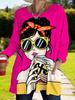Ladies with pocket cartoon graffiti print loose long-sleeved T-shirt, fashion trend versatile top, bright pink shows temperament