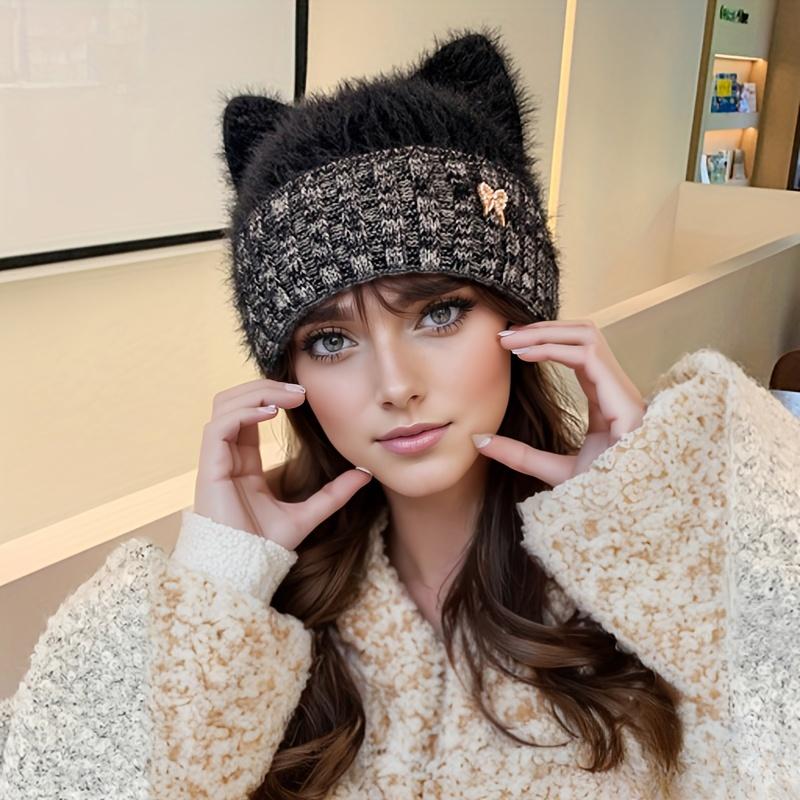 Women's Winter Hat with Cat Ears & Butterfly Brooch -Stretchy Foldable Beanie Soft Warm Ear Protection Hand Wash Only Winter Hat