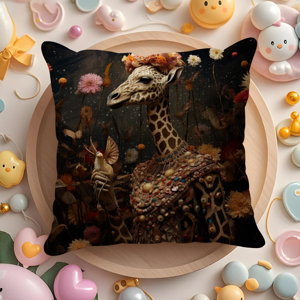 Retro Dressed Up Giraffe Pillow Case Pattern Printed Pillowcase For Living Room Sofa Cushion Cover Bedroom Decor