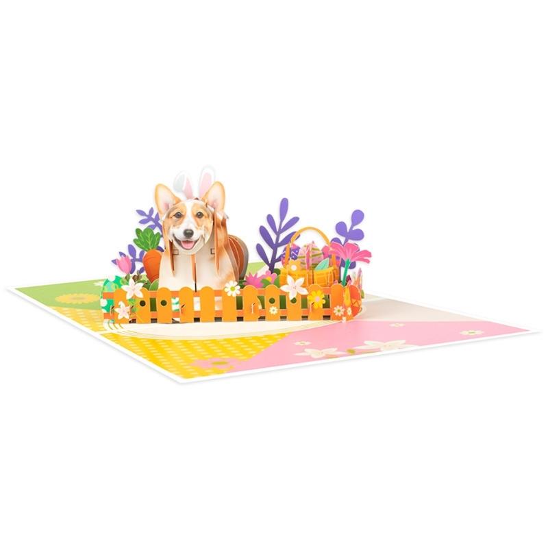3D Easter Corgi Dog Greeting Card Set Spring Season Invitation Card for Festival New Year Holiday Party Message Card