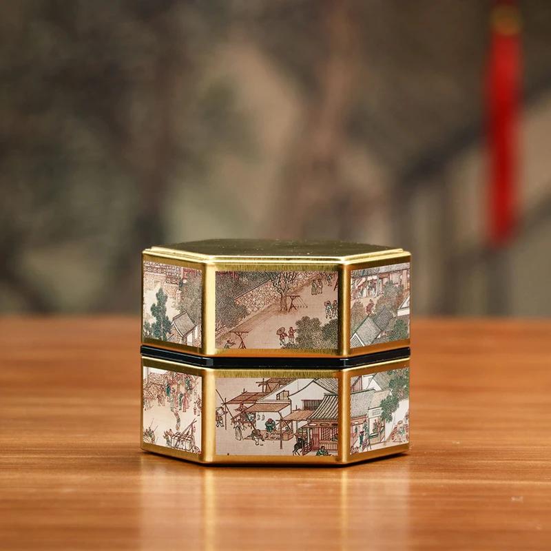 Kreativní šestihranná plechová dóza na čaj Čínský pocínovaný zásobník na čaj Malá uzavřená přenosná krabička na čaj Prázdná dóza Příslušenství k čajové soupravě