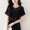 Women's Black Mesh Yoke Pleated Ruffle Cape Sleeve Loose Chiffon Blouse