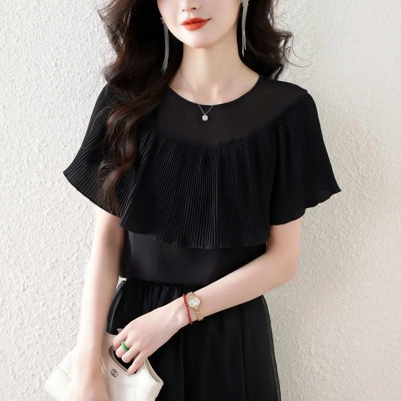 Women's Black Mesh Yoke Pleated Ruffle Cape Sleeve Loose Chiffon Blouse