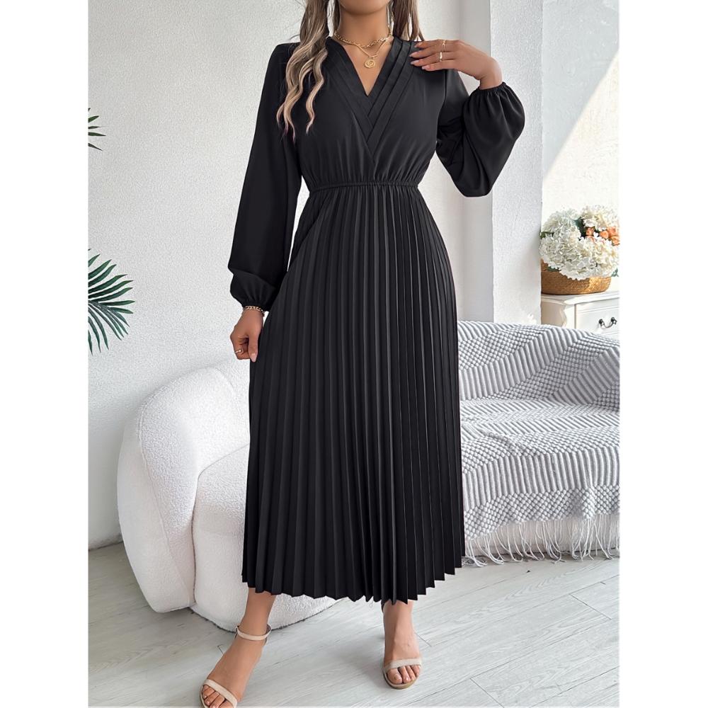 Autumn And Winter New Elegant Triple V-Neck Long Sleeved Waist Cinched Pleated Dress