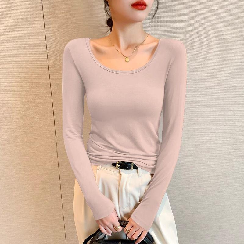 Women's Black Modal Crew Neck Long Sleeve Base Layer Top - Slim Fit, Low Neck Design for 2025 Autumn/Winter