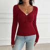 Top Y2K Autunnali e Invernali da Donna Blusa Slim a Maniche Lunghe con Bottoni e Scollo a V