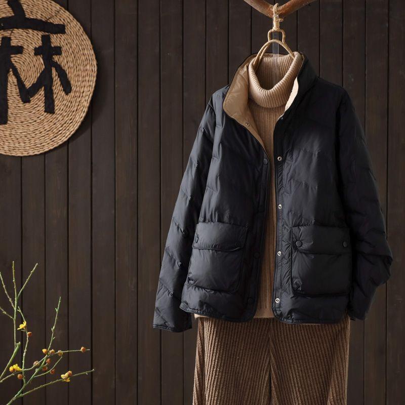 

Double-sided Wear Down jacket Women Short 2024 New Lightweight Korean Fashion Stand Collar Loose White Duck Down Warm Outerwear Black XL