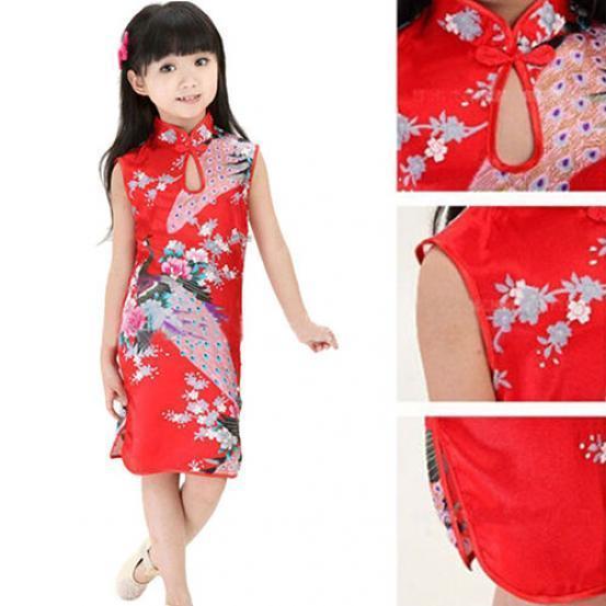 Elegant Children Girls Chinese Cheongsam Dress With Floral Peacock Pattern Sleeveless Summer Wear