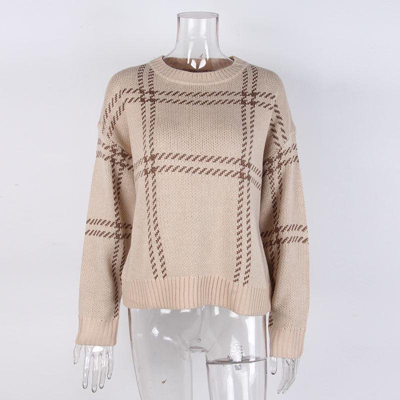 Europäischer & Amerikanischer Karomuster Farbblock Rundhals Pullover Strickware für Damen - Herbst/Winter Stil