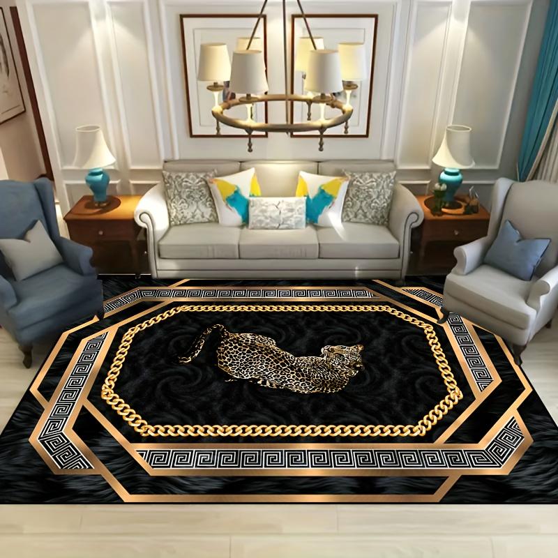 

Luxury Medusa Greek Key Area Rug, Gold Leopard Chain Non-Slip Machine Washable Floor Mat for Living Room Bedroom Home Decor 40x60cm