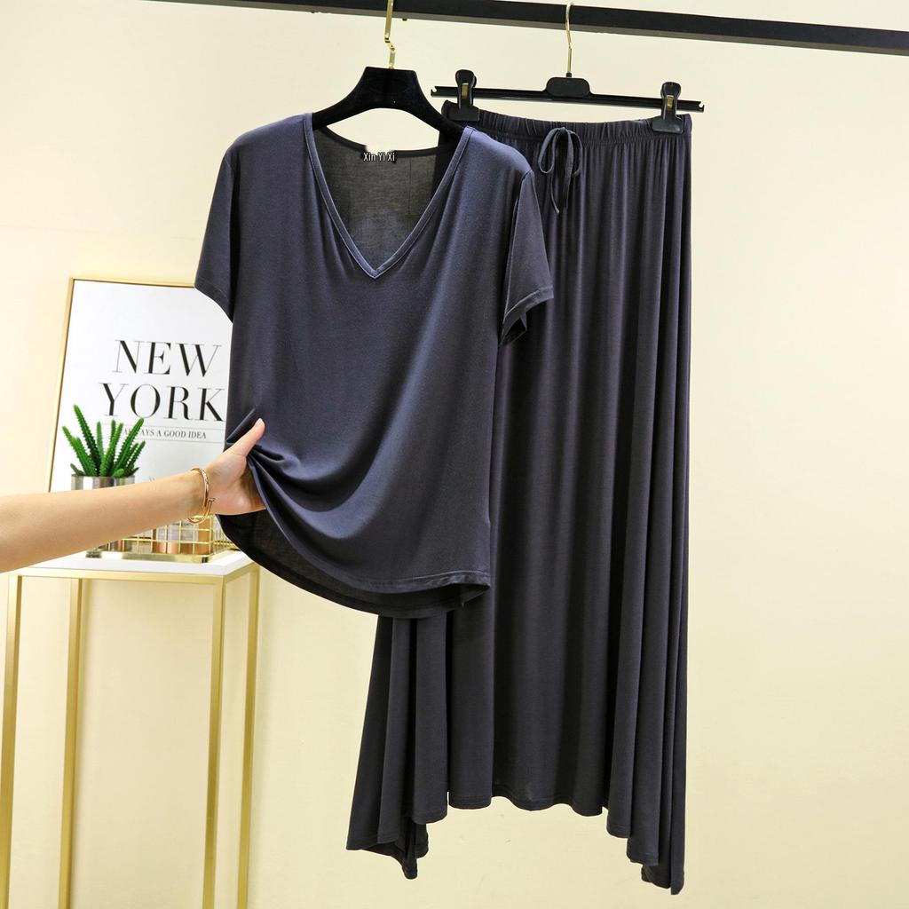 Modal V-Neck Short-Sleeve Midi Skirt Set: Women's Plus Size Korean-Style Casual Two-Piece Outfit