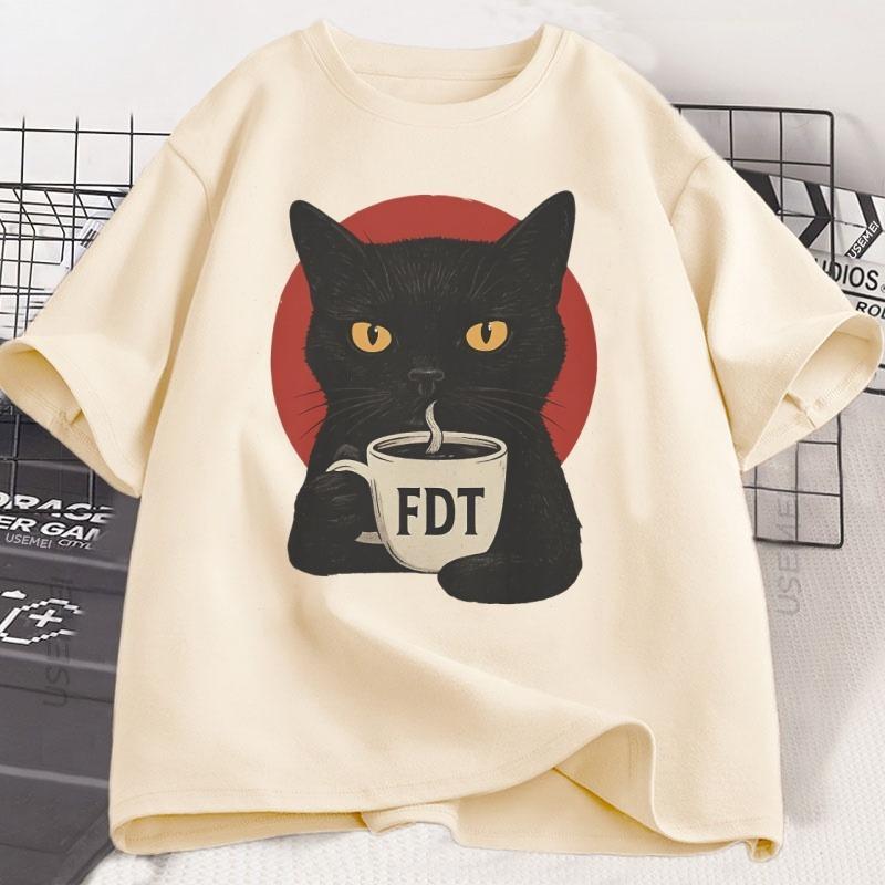 FDT Black Cat Tshirt Men Women Cotton Short Sleeve Tshirt Soft Breathable Round Neck Short Sleeve Tee Unisex Casual Wear