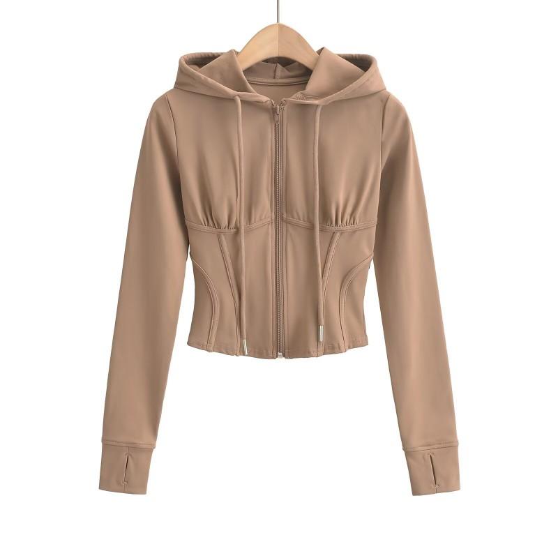 Womens Fitted Hooded Zip-Up Sweatshirt With Ribbed Detail Warm Winter Sportswear