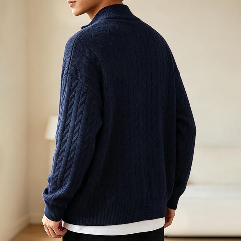 Herren-Strickjacke mit dickem Strick und Stehkragen, lockere Passform, Pullover in Farbe für Herbst und Winter