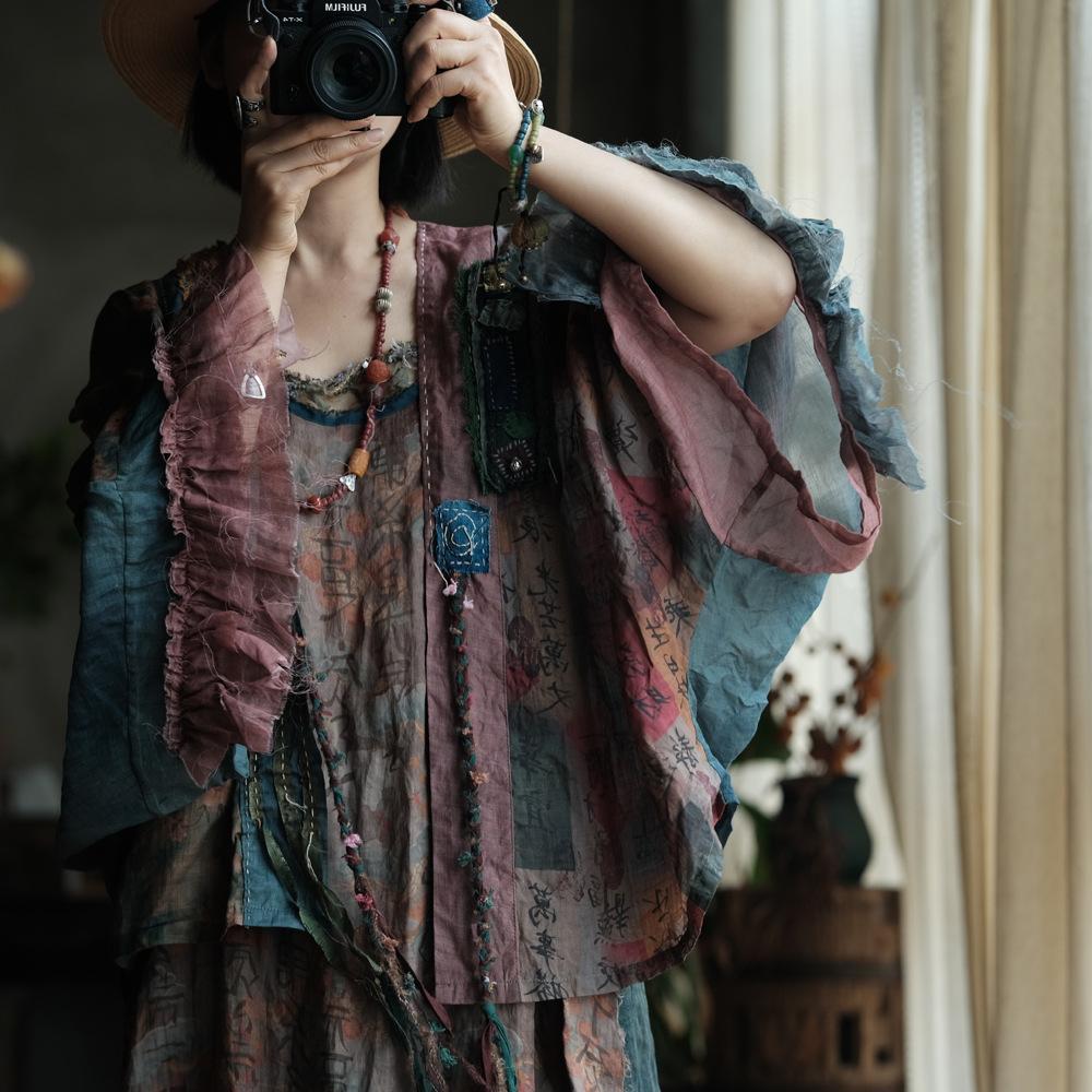 Johnature Women Vintage Patchwork Color Shirts Belt  Autumn Blouses Bat Sleeve Female Blouses Chinese Style Tops