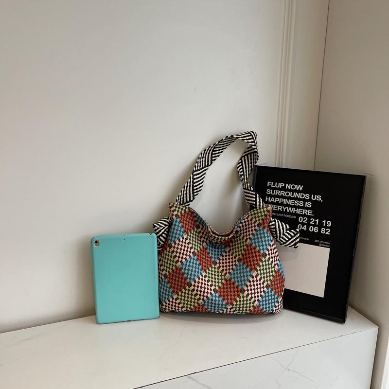 Color Block Tote Bag Women Print Plaid Shoulder Bag