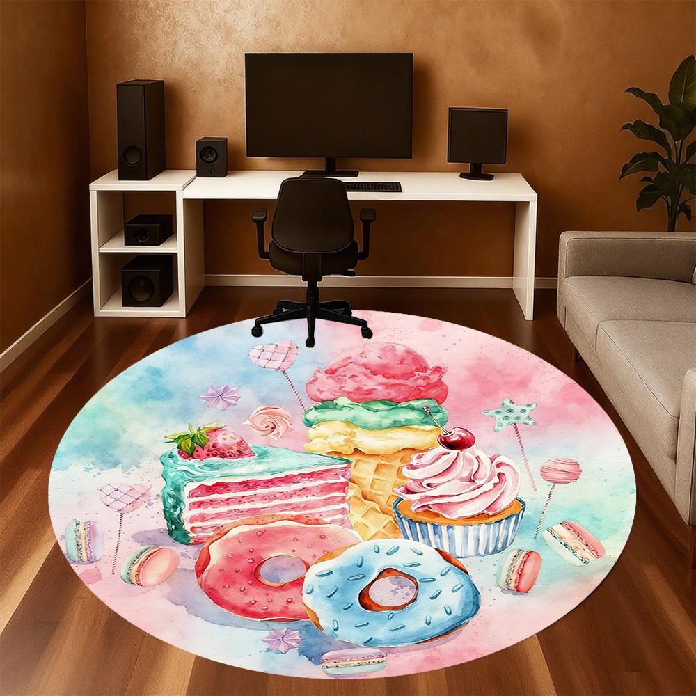 1pc Sweets Desserts Round Chair Mat Office Area Rug - Non-Slip, Floor Mat for Office, Bedroom, and Indoor Decor P127293