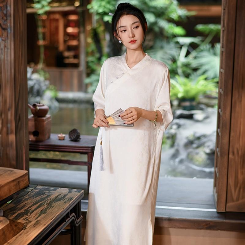 Johnature Women Chinese Style V-Neck Dresses Jacquard Half Sleeve Button Summer A-Line Female Vintage Dress