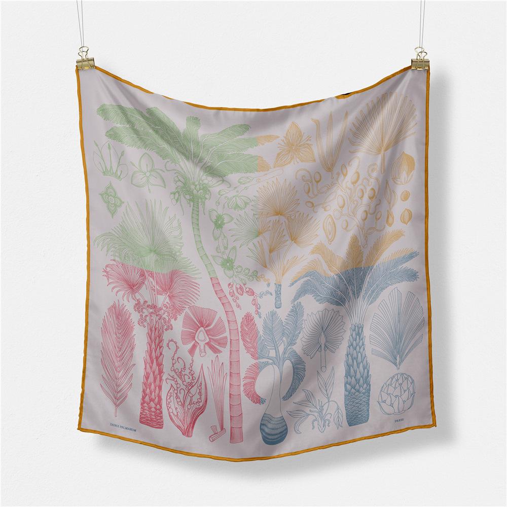 53cm Twill Silk Scarf Woman Palm Tree Painting Square Scarves Wraps Bandana Small Hijab Silk Foulards Tie Headband Neckerchief