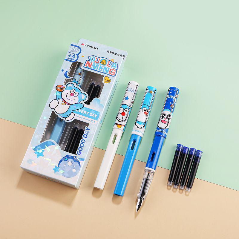 Crystal Blue Fountain Pen with 4 Replaceable Erasable Ink Cartridges