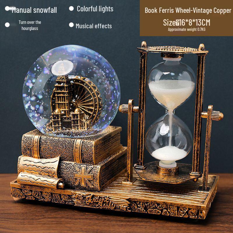Retro Iron Tower Music Box with Luminous Crystal Ball Hourglass - Perfect for Desktop Ornament or Small Gift for Graduation, Qixi, or Valentine's Day.