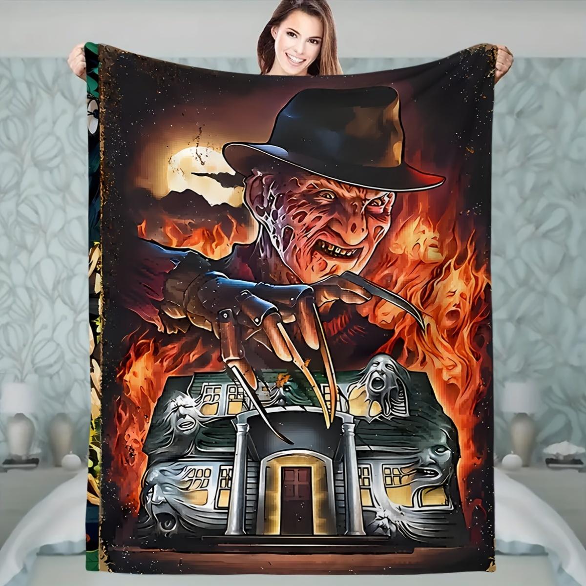 

VIKAMA Slasher Street Freddy Cover Blanket Metal Claws & Burning Haunted House Horror Scene Halloween Gift Theme Blanket 75X90CM