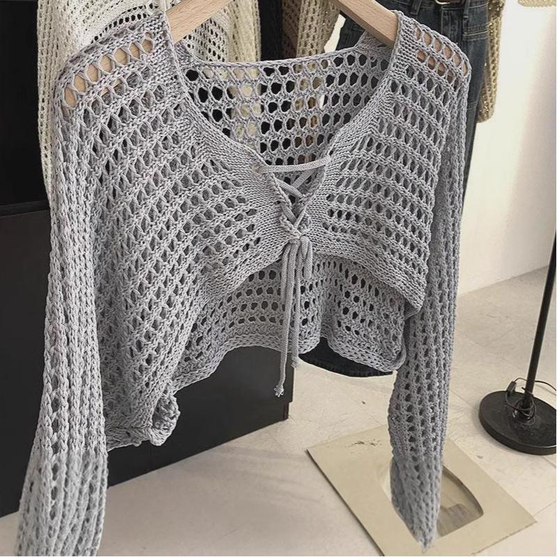 Hollow short knitted sunscreen cardigan women's summer explosion pure lace-up lazy shawl shirt