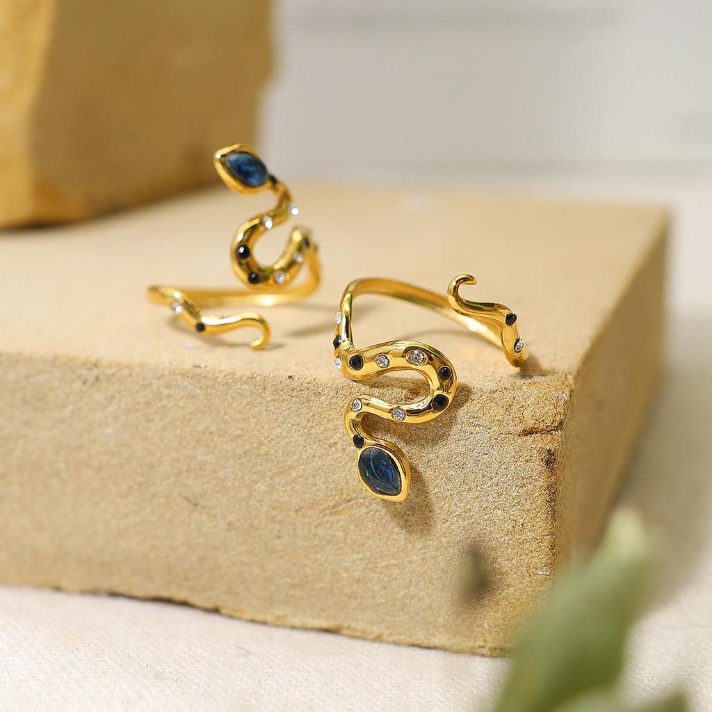 18K Gold Plated French Blue Zircon Snake Ring, Non-Fading Titanium Steel, Adjustable Design