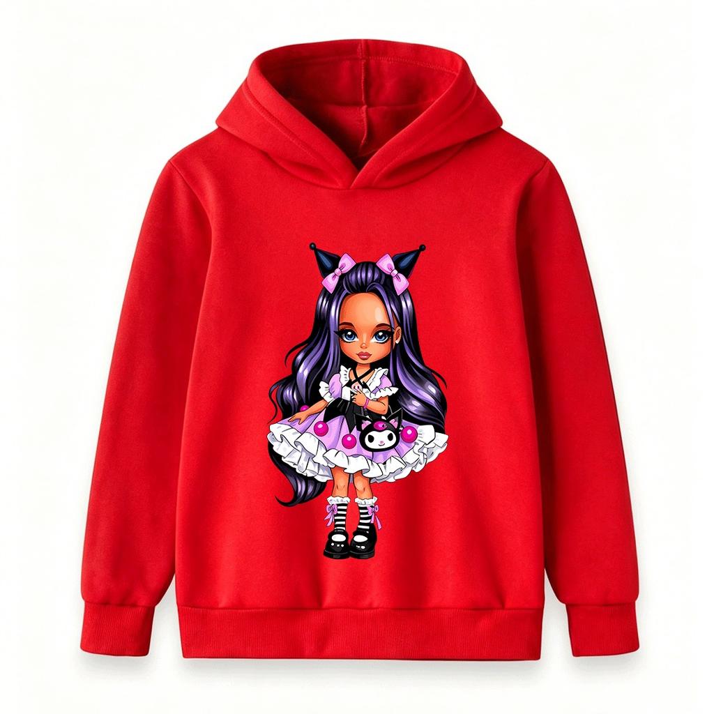 Kids Girls Boys Cute Purple Long Hair Cartoon Character Print Hooded Sweatshirt Casual Pullover Hoodie Tops For Children Daily Party Street Wear