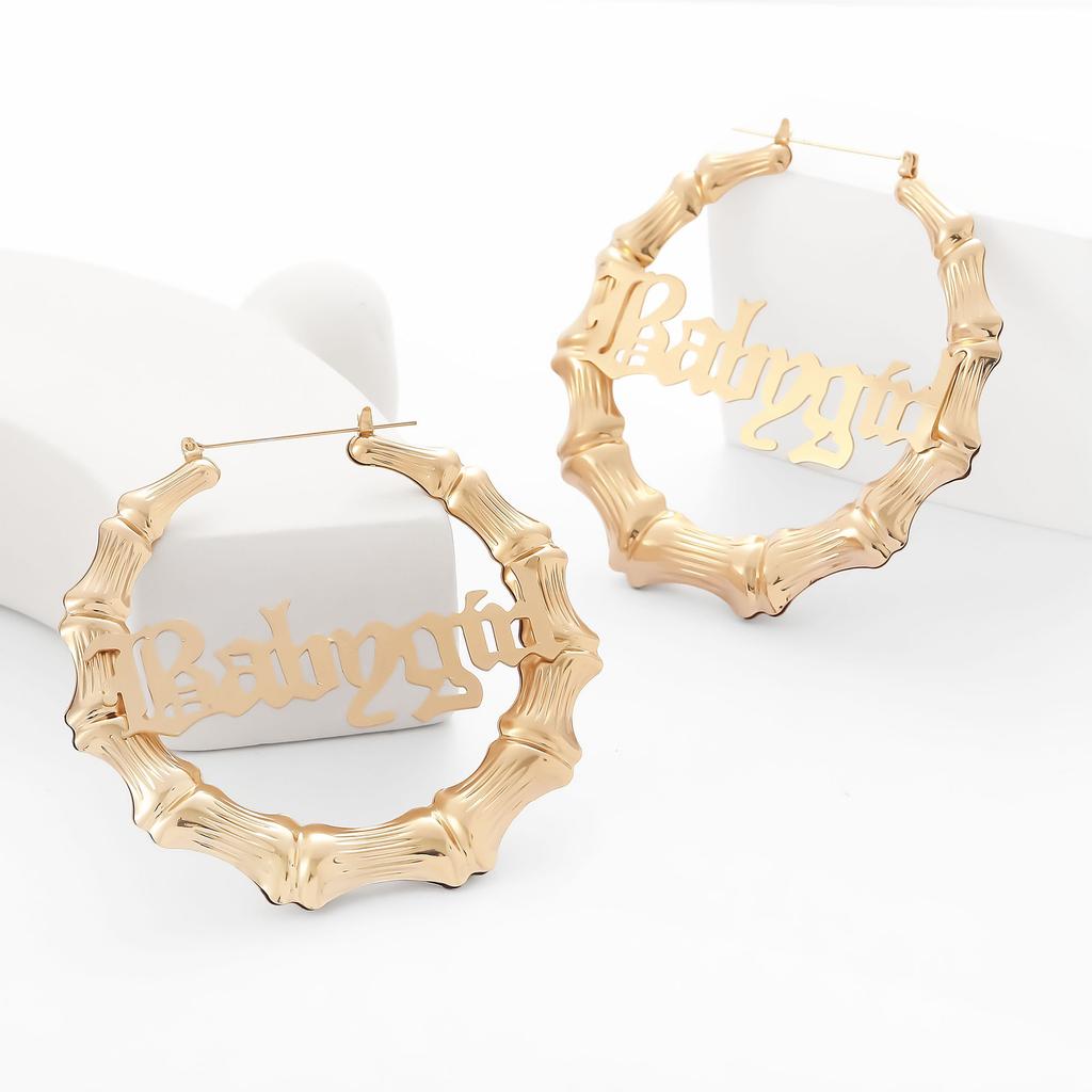 Earrings, Personalized Exaggerated Earrings, Letter Bamboo Earrings, Gold Round Earrings.