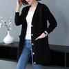 Women's Solid Color Knit Cardigan - V-Neck Mid-Length, Loose Fit Sweater for Spring & Autumn