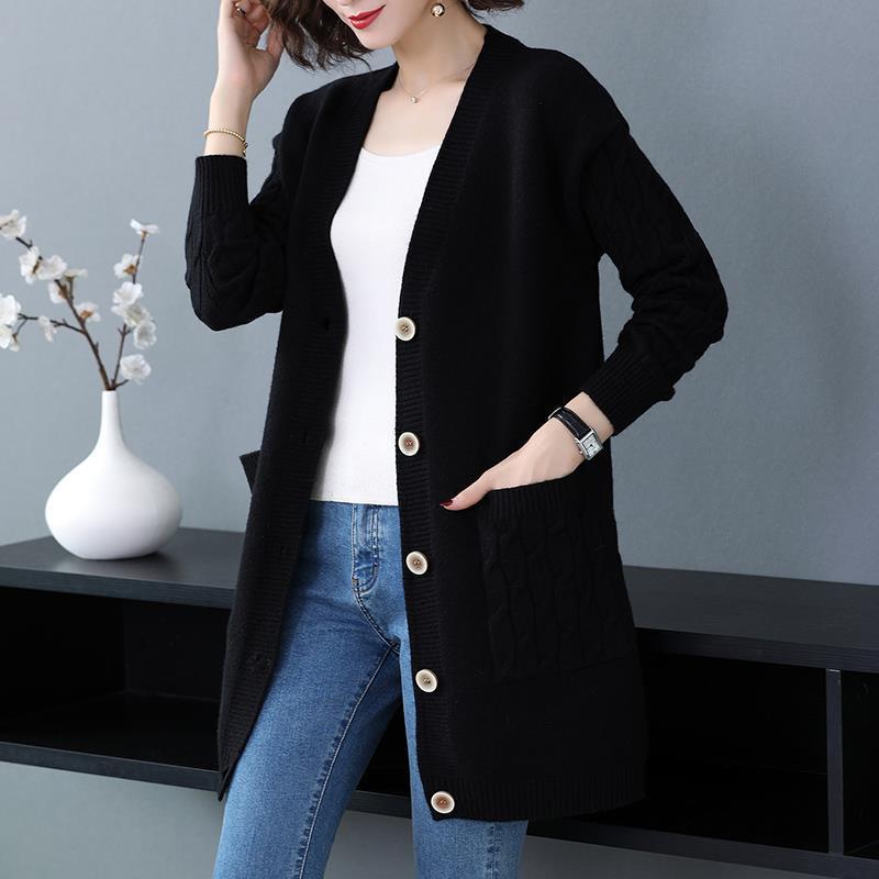Women's Solid Color Knit Cardigan - V-Neck Mid-Length, Loose Fit Sweater for Spring & Autumn