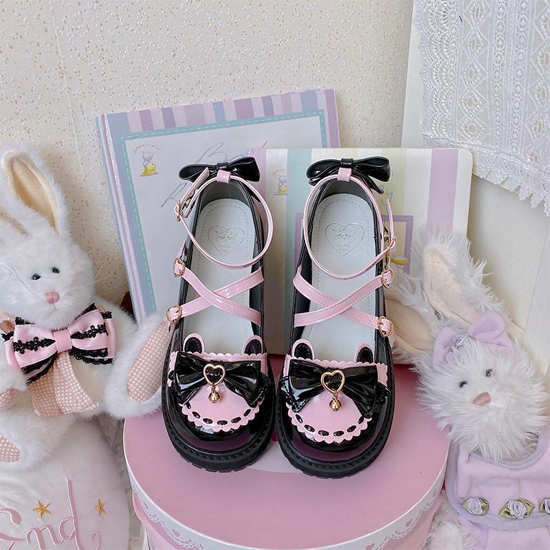 Lovely Girls Lolita Sweet Bowknots Platform Shoes,Students Cute Small Bell Heart Shaped Straps Flat Elevator Shoes Mary Janes
