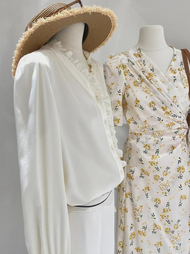 2025 Early Spring Women's French Double Crepe White Lace Shirt - 100% Mulberry Silk