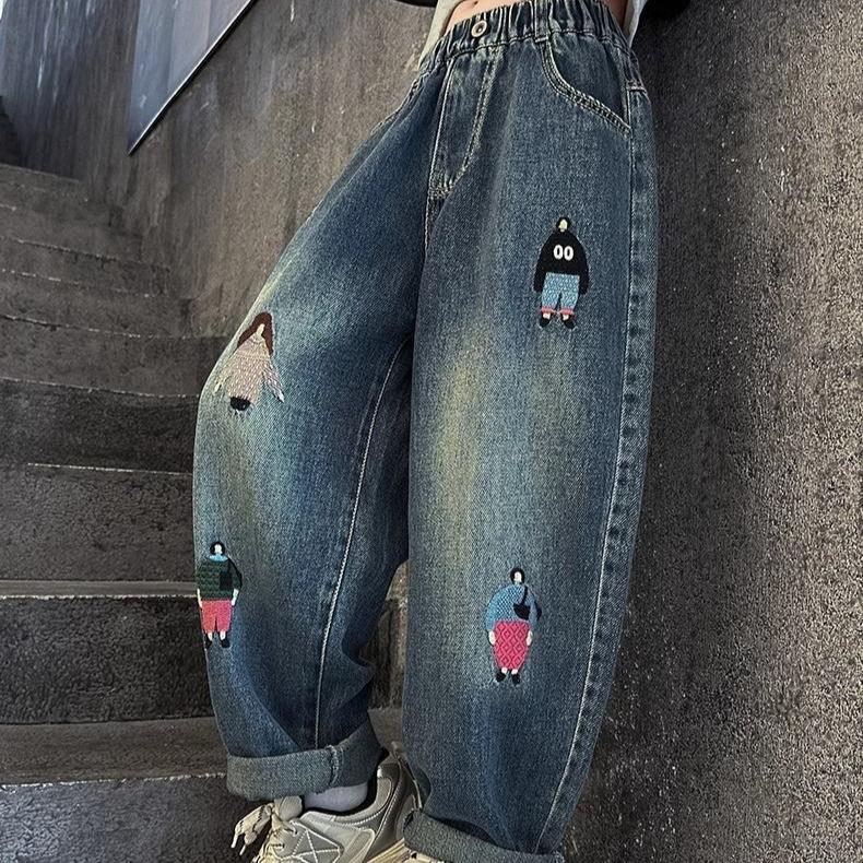 Girls' Jeans Dad's Pants Stylish Embroidery Straight Tube Radish Girls' Big Boys' Harem Pants