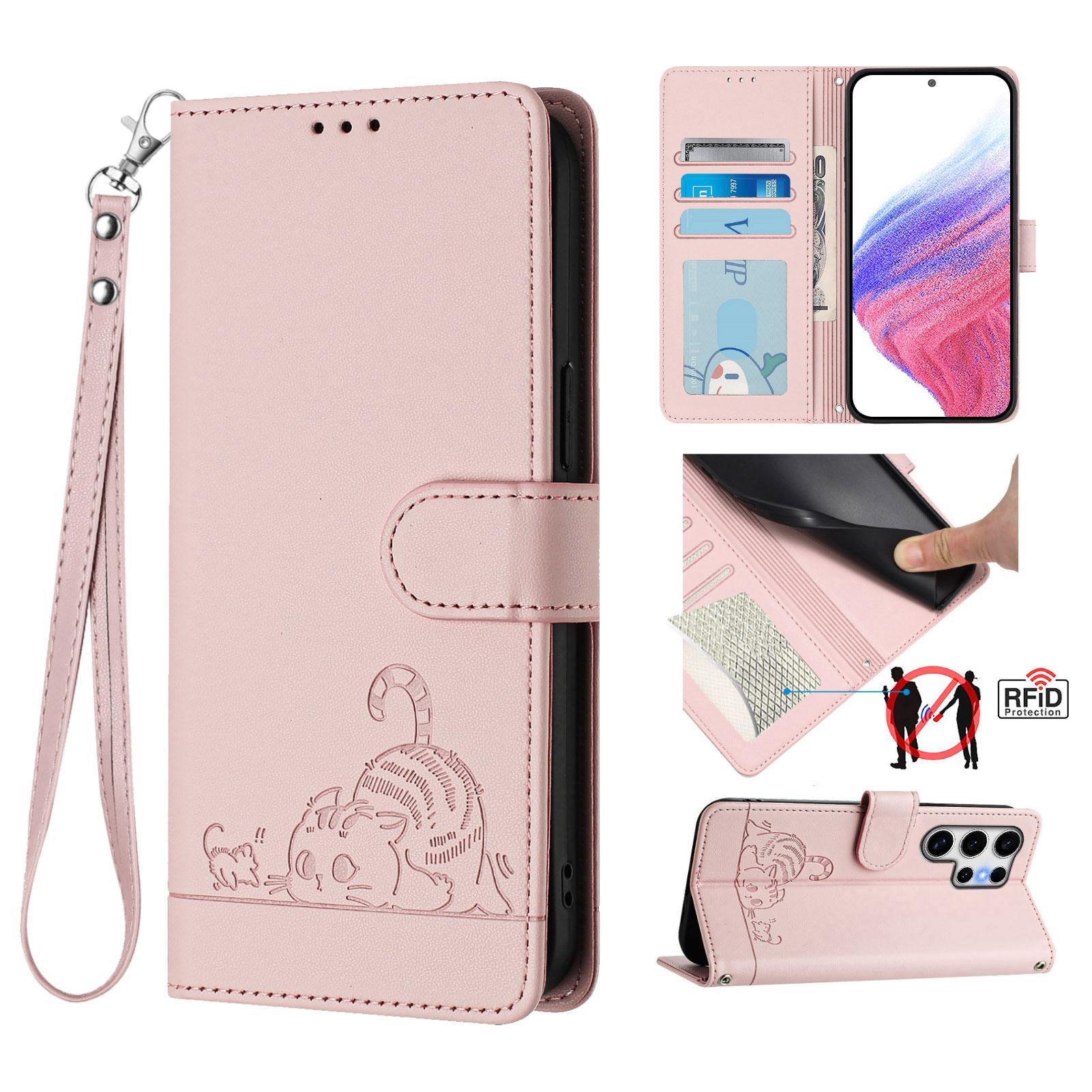 

For Samsung Galaxy S25 Ultra Case with Strap RFID Blocking Leather Wallet Phone Cover Cat Mouse Pattern Pink