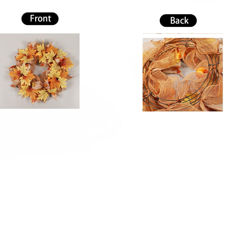 40cm Thanksgiving Pumpkin Wreath with Dual Tone Maple Leaves and Decorative Mesh for Seasonal Home Wall Door Decoration