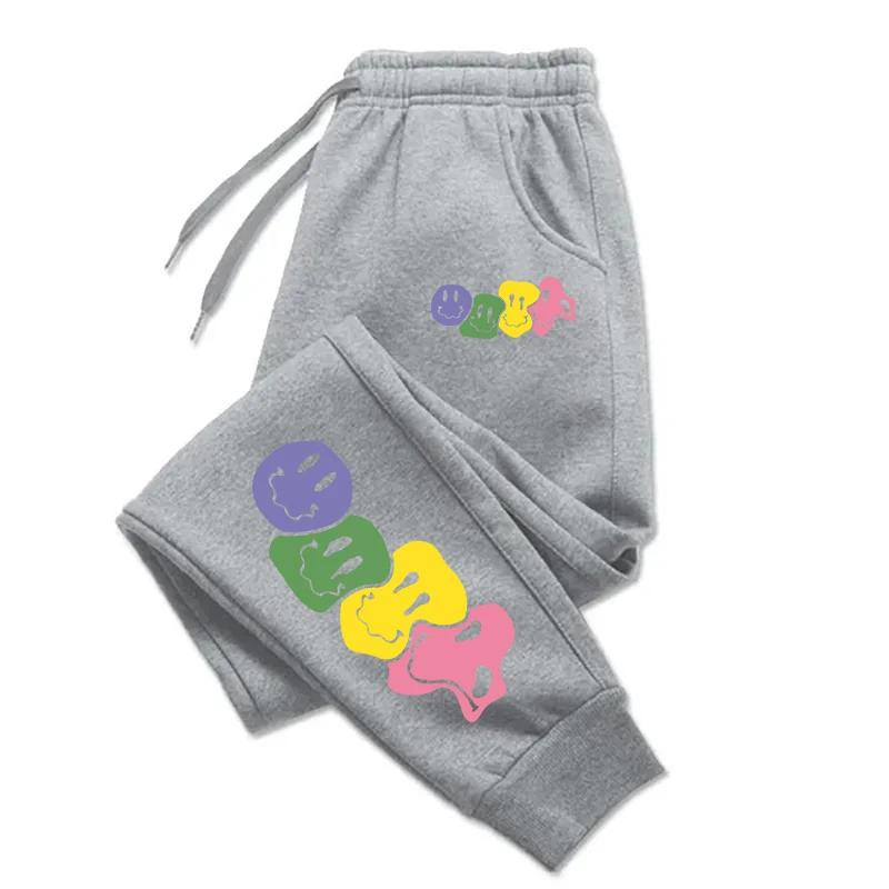 Cute Smiling Face Printed Versatile Comfortable Women Long Pant Fitness Jogging Trousers Drawstring Pockets Sweatpants
