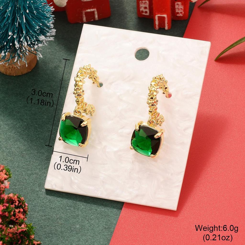 Emerald Zircon Gold-Plated Copper Vintage Earrings - European & American Christmas Edition