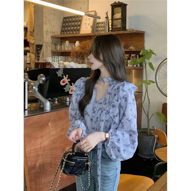 Kumikumi French Style Retro Print V-neck Long Sleeve Shirt Female Autumn Temperament Wild Loose Ruffle Top